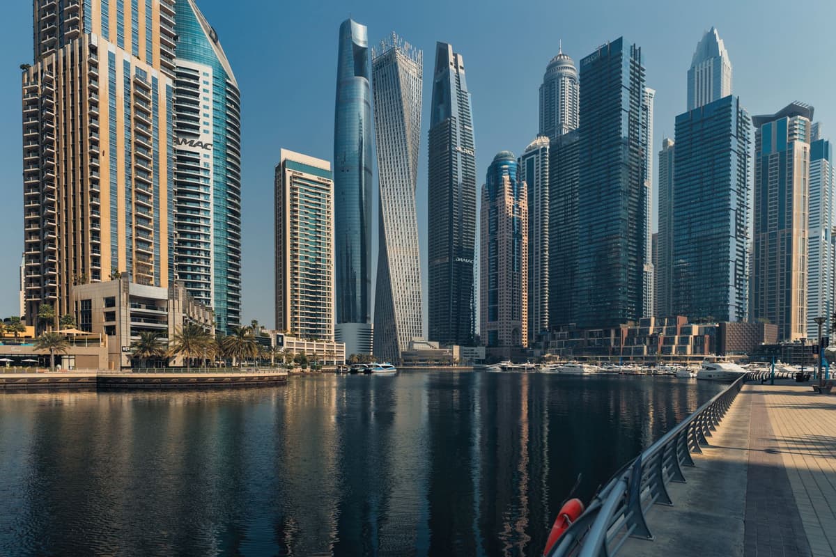 Dubai Marina at dusk, towers along the waterfront