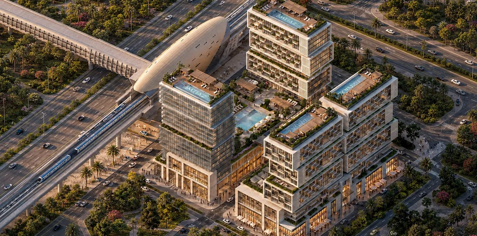 Raw District tower facade with the raw, minimalist architectural language.