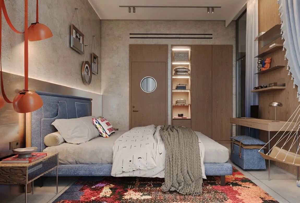 Open-plan living interior with integrated kitchen and smart storage at Raw District.