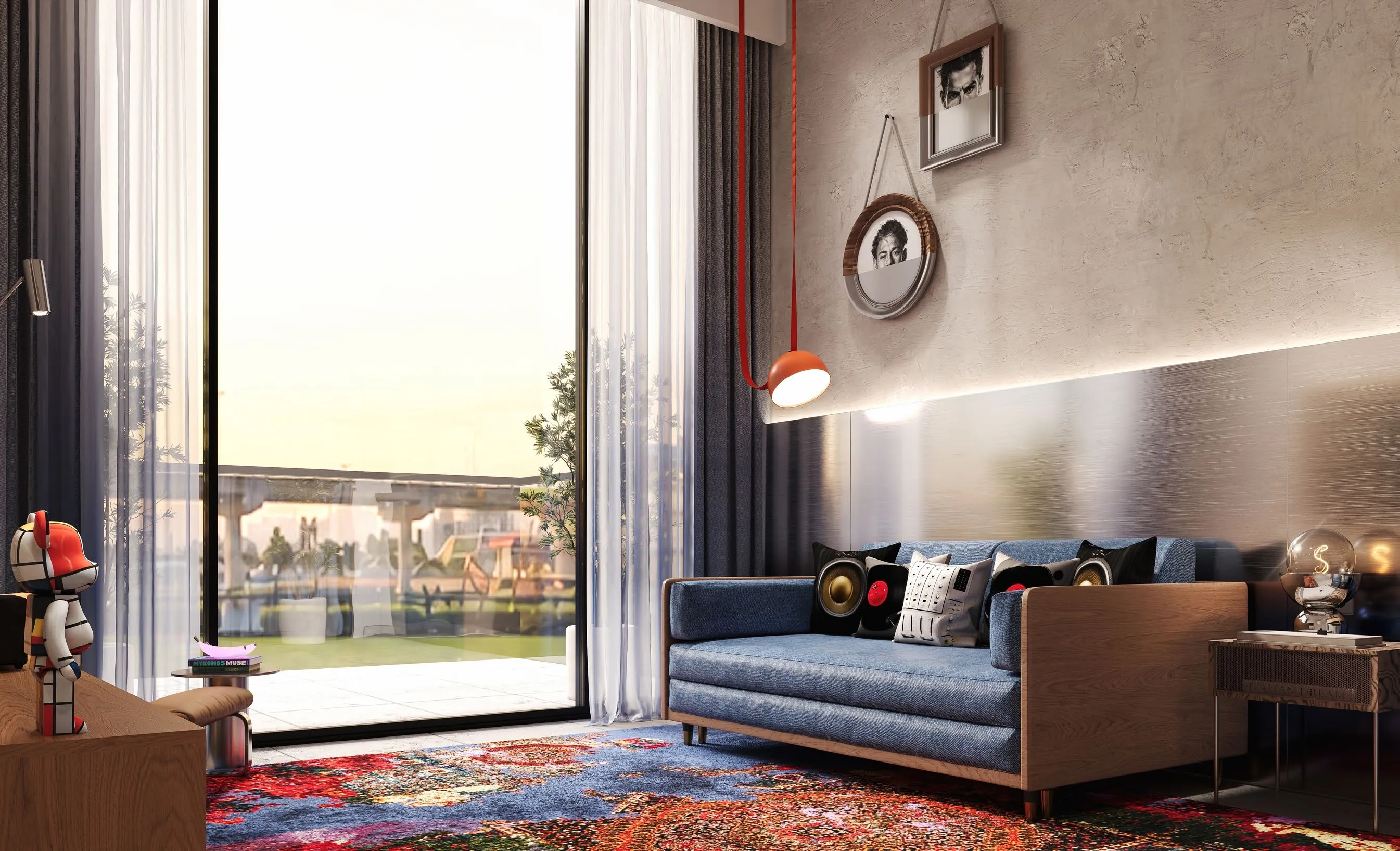 A furnished Raw District interior, raw minimalist finish.