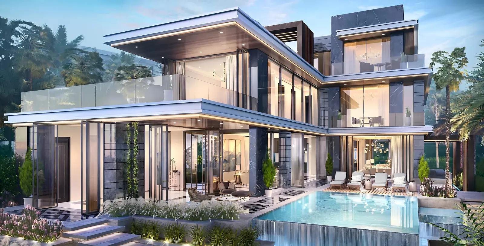 Contemporary signature villa with a glass facade and private pool at DAMAC Lagoons