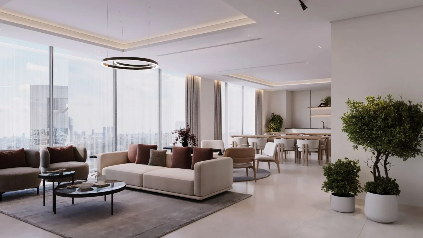 Interior render at Jaddaf Beach Oasis.