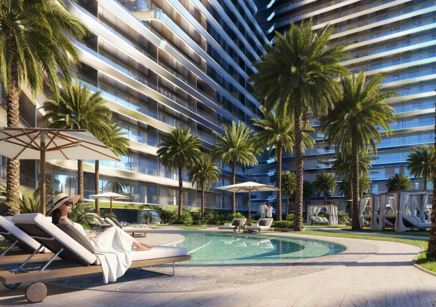 Pool Deck & Cabanas at Binghatti Sky Terraces.