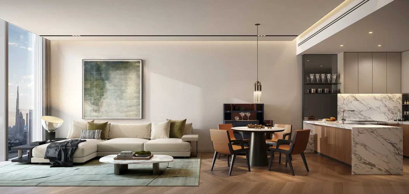 Interior render at Jumeirah Residences Emirates Towers.