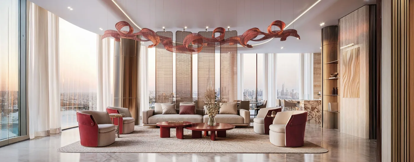 Interior render at Binghatti Skyblade.