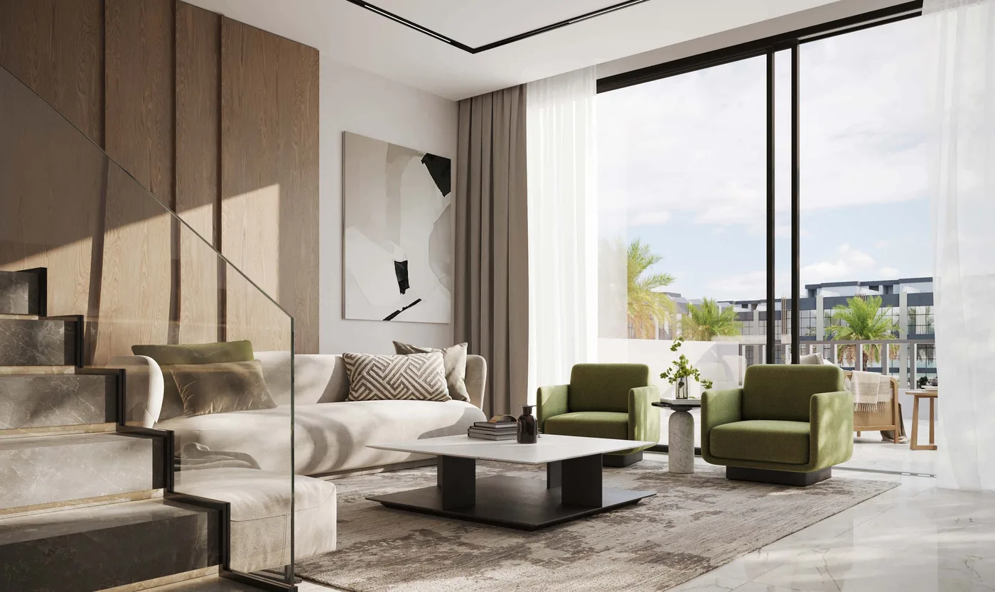 Interior render at Reportage Village Khalifa City.