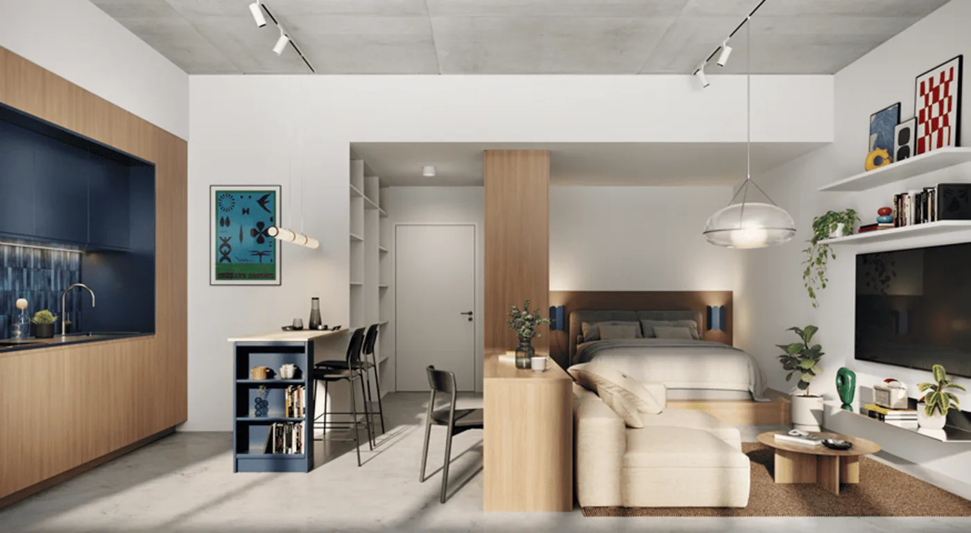 Interior render at Enta Residences.