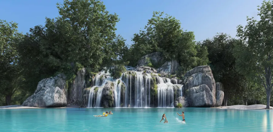 Swimmable Forest Lagoon With Waterfall at Masaar 2 Narenj.