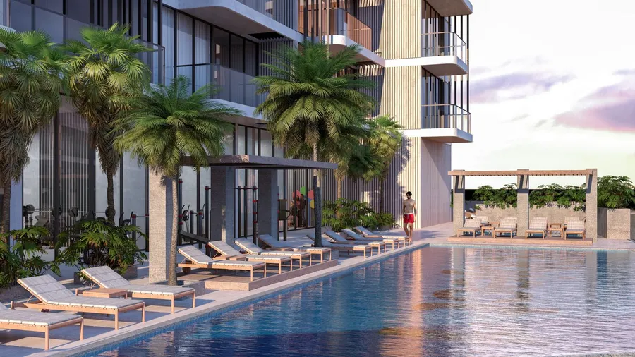 Pool Deck With Sun Loungers at TETR1S Tower.