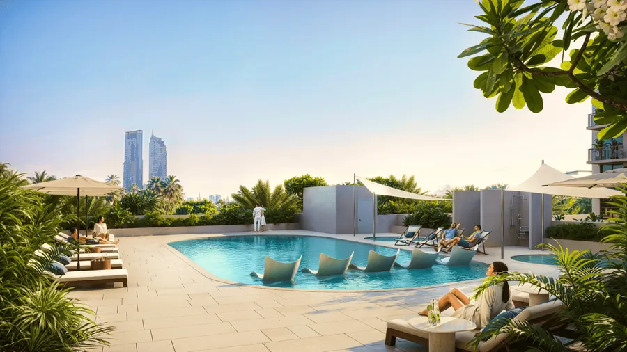 Pool Deck With Sun Loungers at IR1DIAN Park.