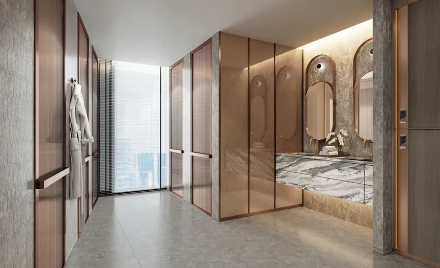 Sauna, Steam & Cold Therapy Room at 15 Cascade Featured by Versace Ceramics.