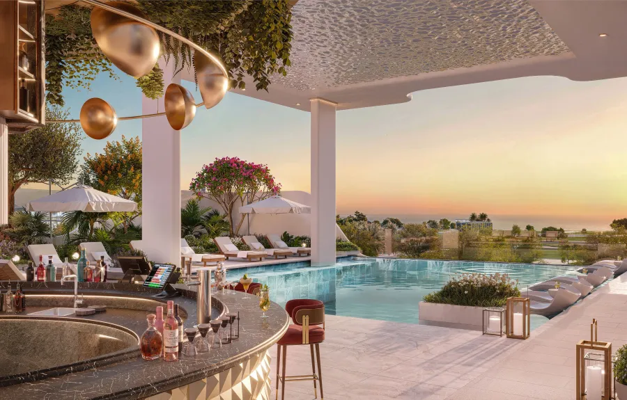 Sunbathing Area & Cabanas at Ramada Residences by Wyndham at Dubai Islands.