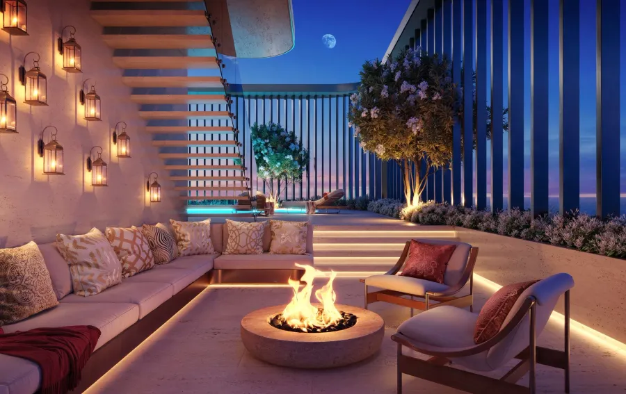 Sunken Seating with Fireplace at Isla Private Residences.